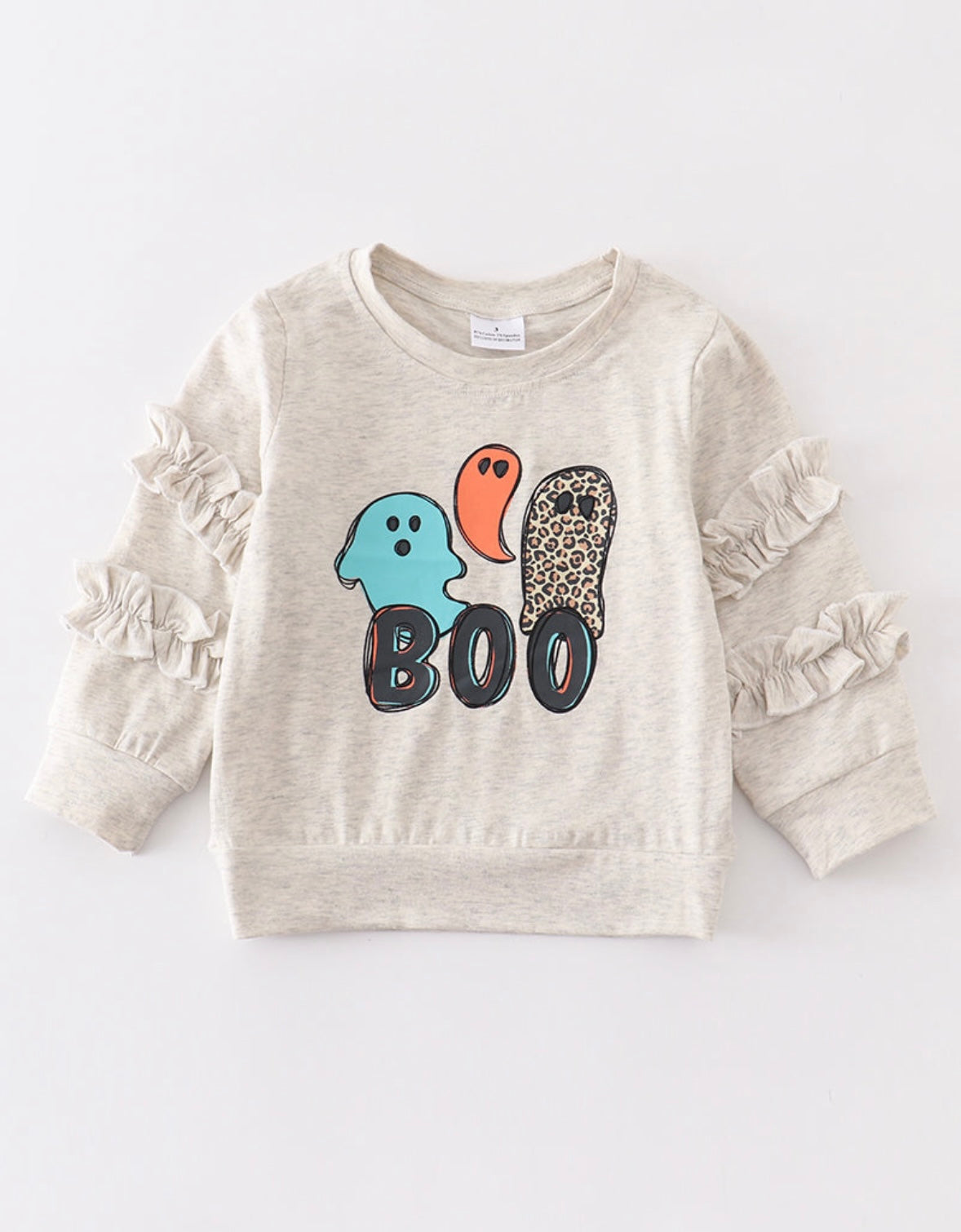 “Boo” Ruffle Sleeve Sweatshirt